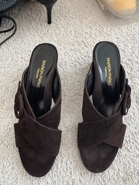 Marion Parke Dark Brown Suede Crossband Mule with Buckle